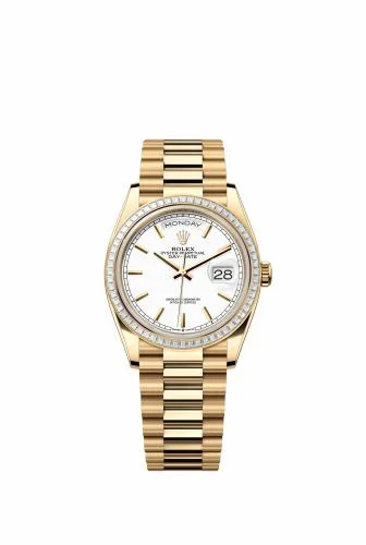 Rolex Day-Date 36 Yellow Gold - Baguette / White / President 128398TBR-0016 (m128398tbr-0016)